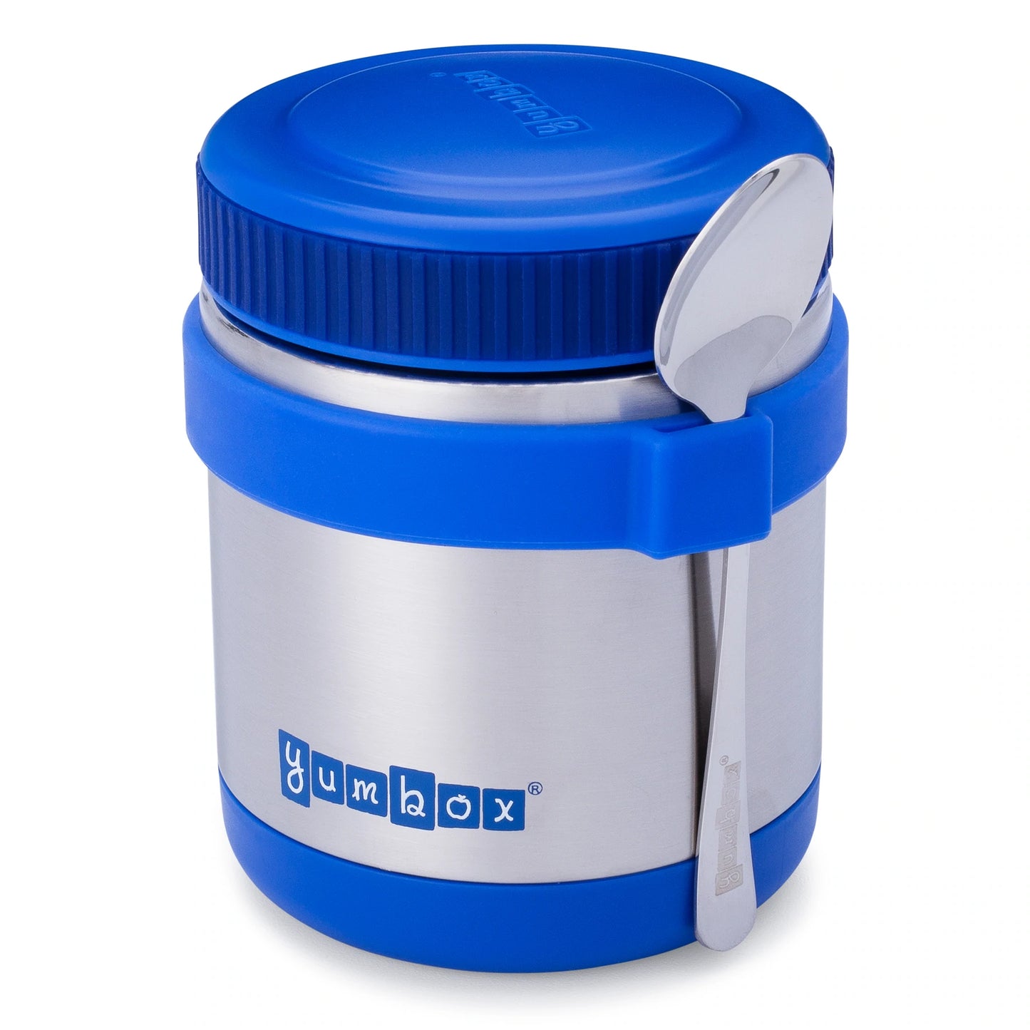 yumbox zuppa triple insulated stainless steel thermal food jar with spoon and silicone band neptune blue